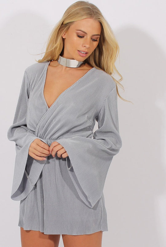 Grey Pleated Flared Sleeve Playsuit - Amity