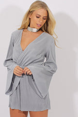 Grey Pleated Flared Sleeve Playsuit - Amity