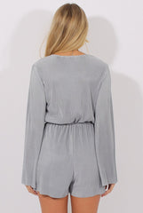 Grey Pleated Flared Sleeve Playsuit - Amity