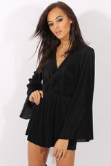 Black Pleated Flared Sleeve Playsuit - Amity