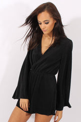 Black Pleated Flared Sleeve Playsuit - Amity