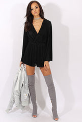 Black Pleated Flared Sleeve Playsuit - Amity