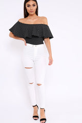 Black Striped Bardot Frill Bodysuit - Emmie