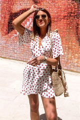 White Heart Print Plunge Ruffle Detail Mini Dress - Nicolle