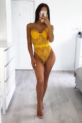 Mustard Lace Flower Bodysuit - Faylen