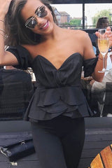 Black Sweet Heart Bardot Top with Ruched Sleeves - Kinza