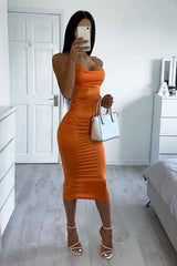 Orange Satin Cowl Neck Midi Bodycon Dress - Liliana