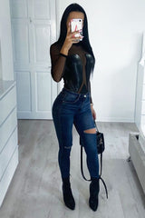 Black Mesh Faux Leather Panel Bodysuit - Reily