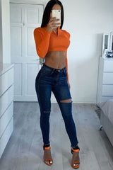 Orange Half Zip Rib Crop Jumper - Elisea