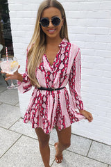 Pink Snake Plunge Tiered Detail Dress - Kaiya