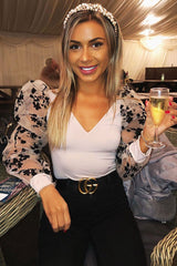 Nude Plunge Black Floral Sheer Puff Sleeves Bodysuit - Zoiey