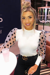 White Polka Dot Puff Sleeve Ribbed Top - Irisa