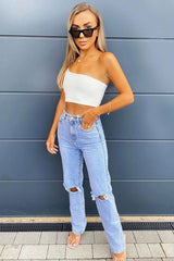 Mid Wash Denim Distressed Knee Extra Long Jeans - Ivelisse