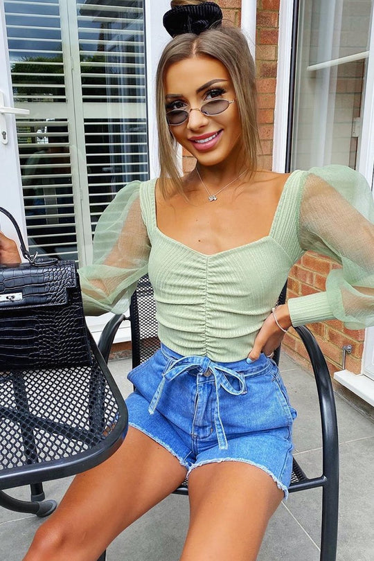 Sage Ruched Metallic Puff Sleeve Bodysuit - Elvie