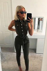 Khaki Button Front Sleeveless Jumpsuit - Faven