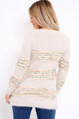 Beige Fur Knit Jumper with colourful stripe detail - Anabella