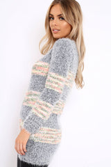 Grey Fur Knit Jumper with beige multi colour stripe detail - Anabella