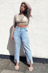 Blue Wash Split Front Straight Jeans - Lilyrose