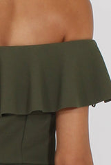 Khaki Bardot Frill Layer Jumpsuit - Anastasia