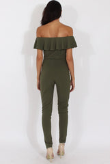 Khaki Bardot Frill Layer Jumpsuit - Anastasia