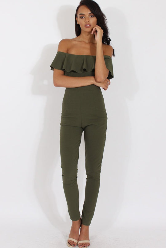 Khaki Bardot Frill Layer Jumpsuit - Anastasia