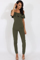 Khaki Bardot Frill Layer Jumpsuit - Anastasia
