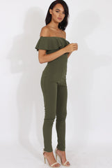 Khaki Bardot Frill Layer Jumpsuit - Anastasia