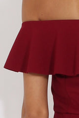 Wine Bardot Frill Layer Jumpsuit - Anastasia