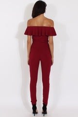Wine Bardot Frill Layer Jumpsuit - Anastasia
