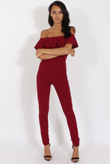 Wine Bardot Frill Layer Jumpsuit - Anastasia