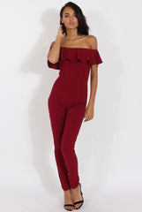 Wine Bardot Frill Layer Jumpsuit - Anastasia