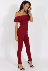 Wine Bardot Frill Layer Jumpsuit - Anastasia