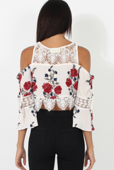 White & Red Floral Print Cold Shoulder Crop Top - Juni