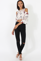 White & Red Floral Print Cold Shoulder Crop Top - Juni