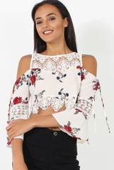 White & Red Floral Print Cold Shoulder Crop Top - Juni