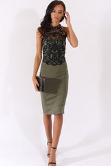 Khaki Halterneck Crochet Layer Midi Dress - Andie
