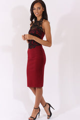Wine Halterneck Crochet Layer Midi Dress - Andie