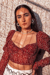 Red Floral Print Puff Sleeve Milkmaid Crop Top - Caddie