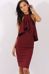 Wine Frill Choker Midi Dress - Angela