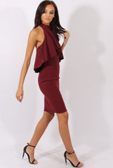 Wine Frill Choker Midi Dress - Angela