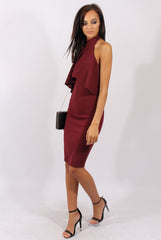 Wine Frill Choker Midi Dress - Angela