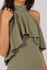 Khaki Frill Choker Midi Dress - Angela