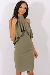 Khaki Frill Choker Midi Dress - Angela