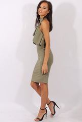 Khaki Frill Choker Midi Dress - Angela
