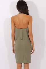 Khaki Frill Choker Midi Dress - Angela