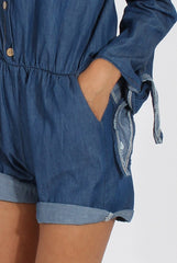 Dark Blue Denim Bardot Denim Playsuit - Angelica