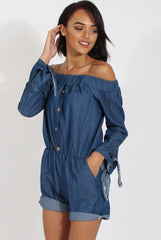 Dark Blue Denim Bardot Denim Playsuit - Angelica