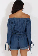 Dark Blue Denim Bardot Denim Playsuit - Angelica