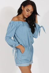 Light Blue Denim Bardot Denim Playsuit - Angelica