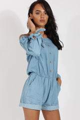 Light Blue Denim Bardot Denim Playsuit - Angelica